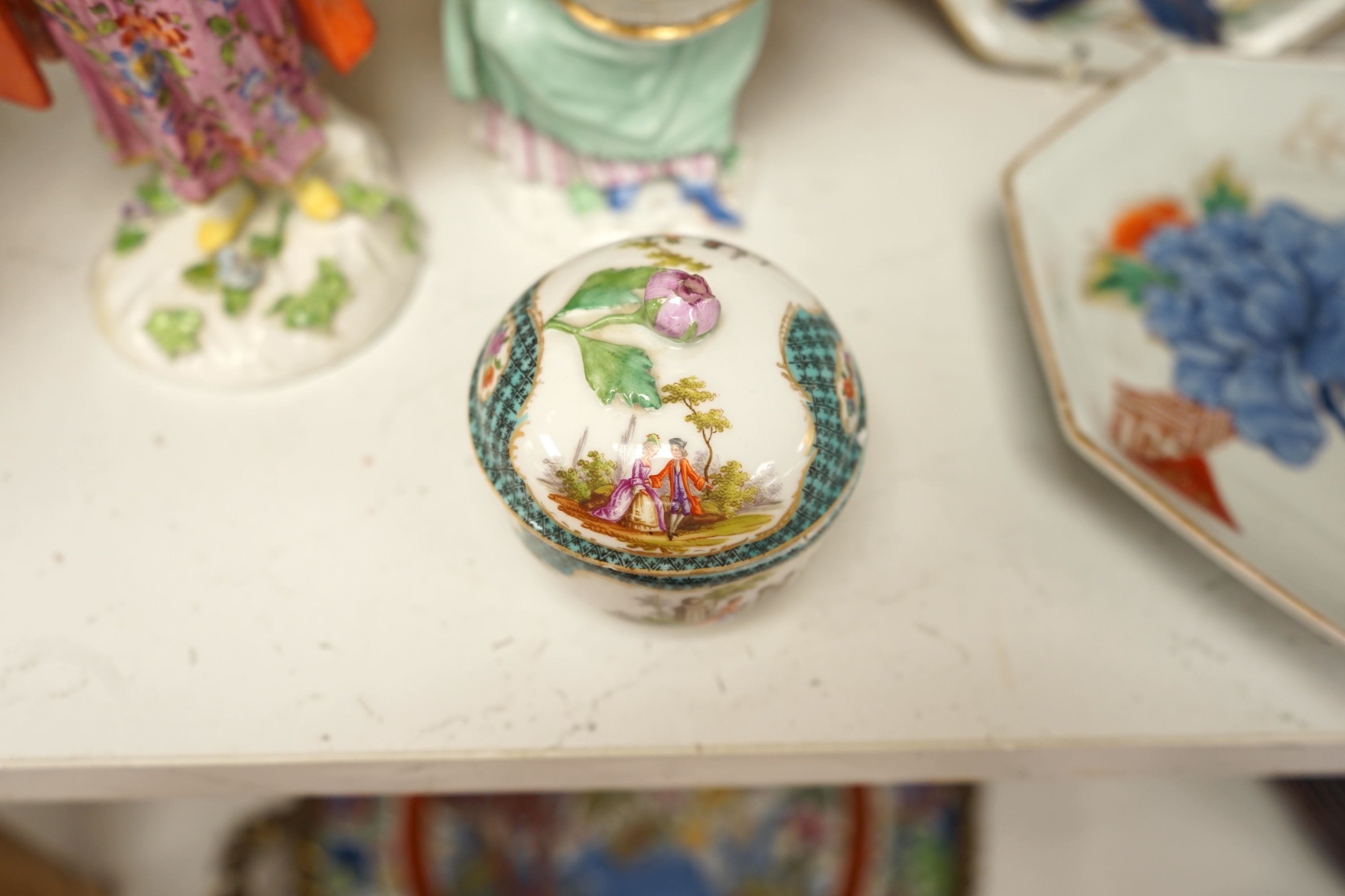 A group of various ceramics to include a Berlin floral decorated vase, a pair of Meissen dishes, similar box and cover, figural sweetmeat and figure of a Turk, together with a pair of Japanese Imari dishes, tallest 33cm.